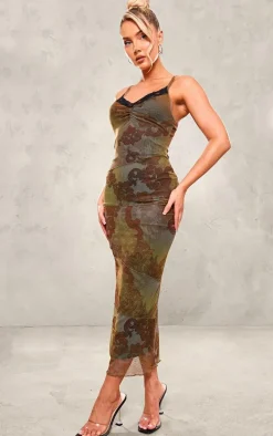 Olive Ombre Mesh Lace Trim Ruched Front Midaxi Dress