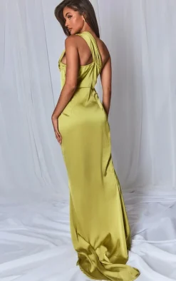 Olive One Shoulder Corset Detail Split Maxi Dress