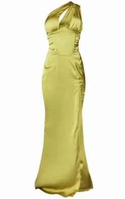 Olive One Shoulder Corset Detail Split Maxi Dress