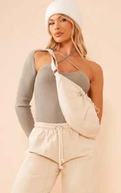 Olive One Sleeve Asymmetric Rib Knitted Bodysuit