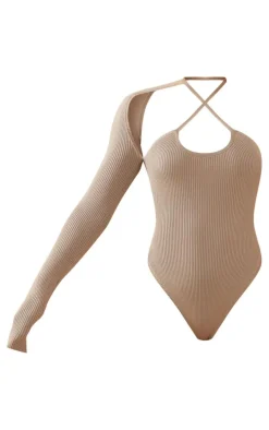 Olive One Sleeve Asymmetric Rib Knitted Bodysuit