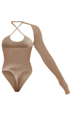 Olive One Sleeve Asymmetric Rib Knitted Bodysuit