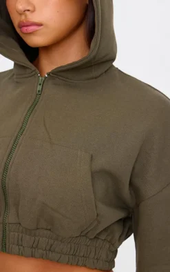 Olive Premium Cropped Waistband Detail Sweat Hoodie