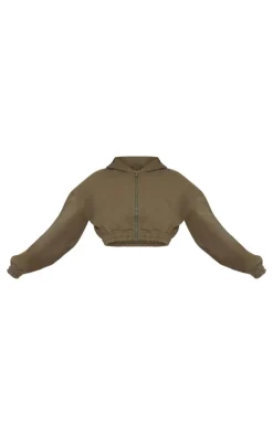Olive Premium Cropped Waistband Detail Sweat Hoodie