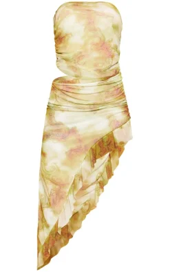 Olive Printed Mesh Cut Out Frill Hem Midi Dress