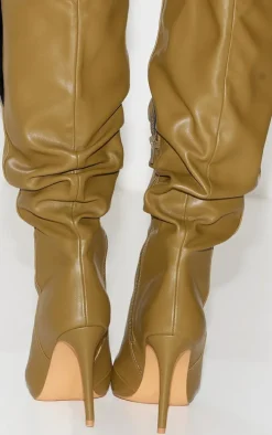 Olive PU Point Toe Ruched Button Detail Knee High Heeled Boots