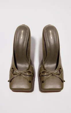 Olive PU Square Toe Bow Detail High Stiletto Heeled Mules
