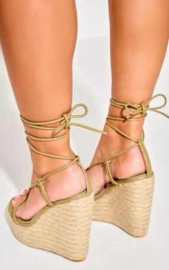 Olive Pu Twist Strap Lace Up High Heeled Espadrille Wedges