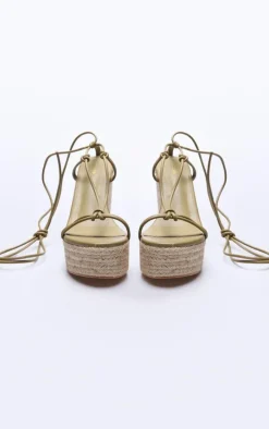 Olive Pu Twist Strap Lace Up High Heeled Espadrille Wedges