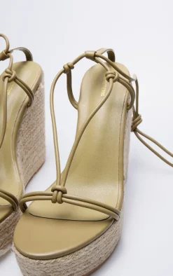 Olive Pu Twist Strap Lace Up High Heeled Espadrille Wedges