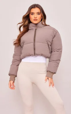 Olive Ribbed Cuff Peach Skin Cropped Puffer Jacket