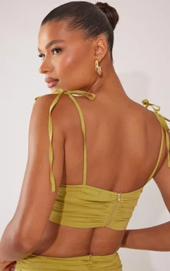 Olive Ruched Tie Strap Crop Top