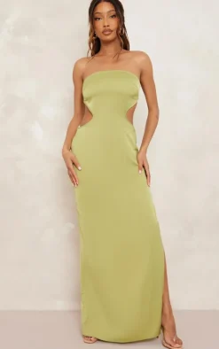 Olive Satin Bandeau Side Cut Out Maxi Dress