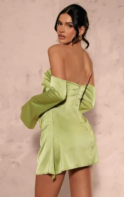 Olive Satin Corset Bardot Ruched Long Sleeve Shift Dress