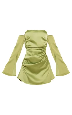 Olive Satin Corset Bardot Ruched Long Sleeve Shift Dress