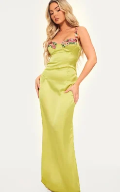 Olive Satin Floral Applique Underwired Strappy Maxi Dress