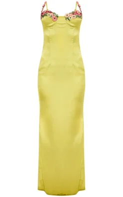 Olive Satin Floral Applique Underwired Strappy Maxi Dress