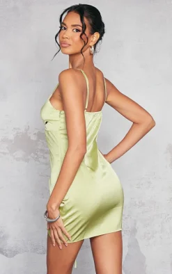 Olive Satin Knot Bust Detail Cut Out Ruched Bodycon Dress