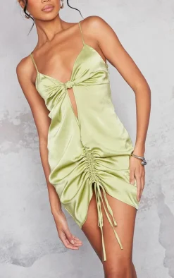 Olive Satin Knot Bust Detail Cut Out Ruched Bodycon Dress