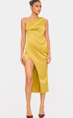 Olive Satin One Shoulder Pleat Detail Midi Dress
