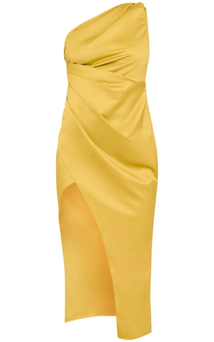 Olive Satin One Shoulder Pleat Detail Midi Dress