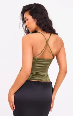 Olive Satin Pleated Bust Pointed Hem Corset