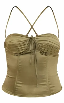 Olive Satin Pleated Bust Pointed Hem Corset
