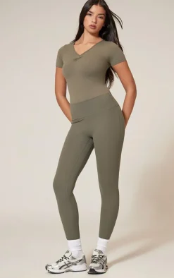 Olive Sculpt Gathered Short Sleeve Bodysuit