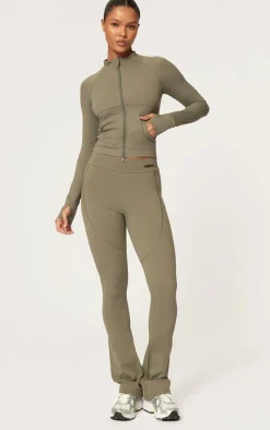 Olive Sculpt Pocket Front Double Zip Up Jacket