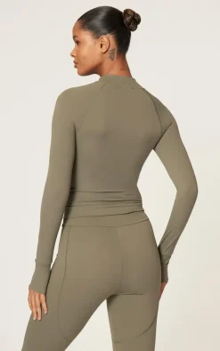 Olive Sculpt Pocket Front Double Zip Up Jacket