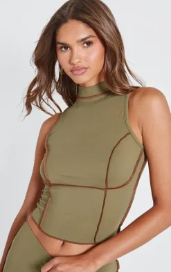 Olive Seam Detail High Neck Sleeveless Long Top