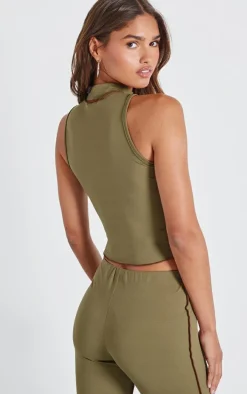 Olive Seam Detail High Neck Sleeveless Long Top