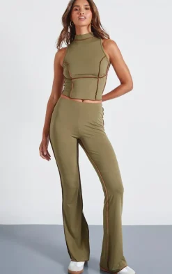 Olive Seam Detail High Neck Sleeveless Long Top