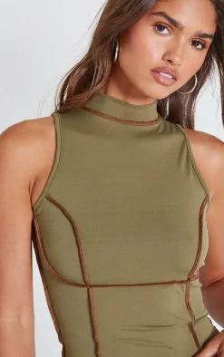 Olive Seam Detail High Neck Sleeveless Long Top