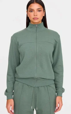 Olive Seam Detail Zip Through High Neck Sweatshirt