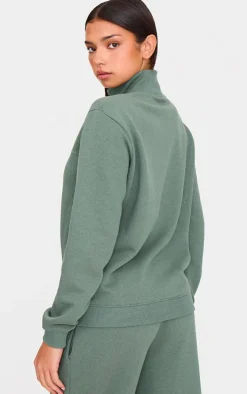 Olive Seam Detail Zip Through High Neck Sweatshirt