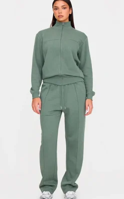 Olive Seam Detail Zip Through High Neck Sweatshirt