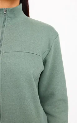 Olive Seam Detail Zip Through High Neck Sweatshirt