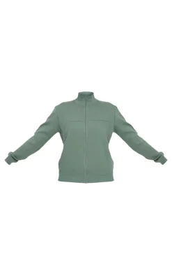 Olive Seam Detail Zip Through High Neck Sweatshirt