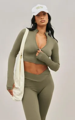 Olive Seamless Seam Detail Cropped Sports Jacket