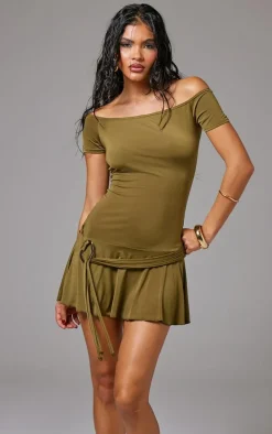 Olive Slinky Belt Detail Shift Dress
