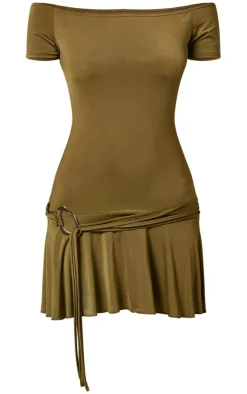 Olive Slinky Belt Detail Shift Dress