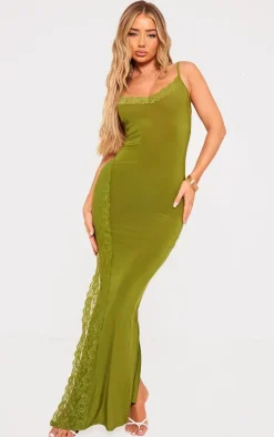 Olive Slinky Lace Trim Split Detail Maxi Dress