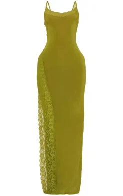 Olive Slinky Lace Trim Split Detail Maxi Dress