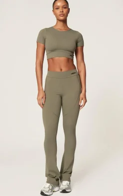 Olive Sport Metal Badge Sculpt High Waist Flare Pants