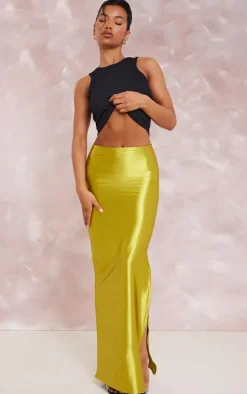 Olive Stretch Satin Split Side Maxi Skirt