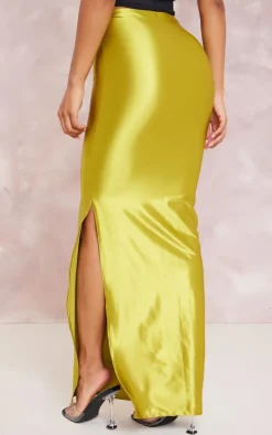 Olive Stretch Satin Split Side Maxi Skirt