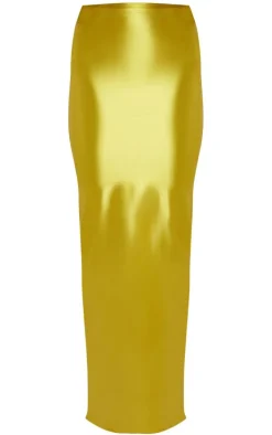 Olive Stretch Satin Split Side Maxi Skirt