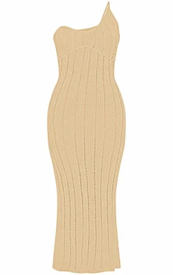 Olive Stripe Crochet Knit Asymmetric Neck Maxi Dress