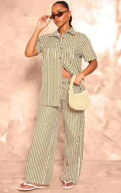 Olive Stripe Linen Look High Waisted Tailored Pants